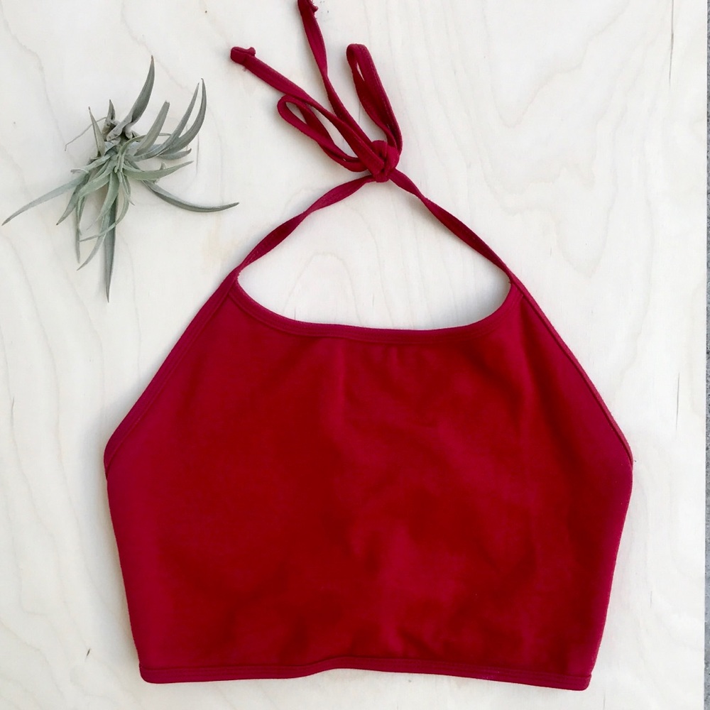 American Apparel Ponte Halter Crop Top Deep Red